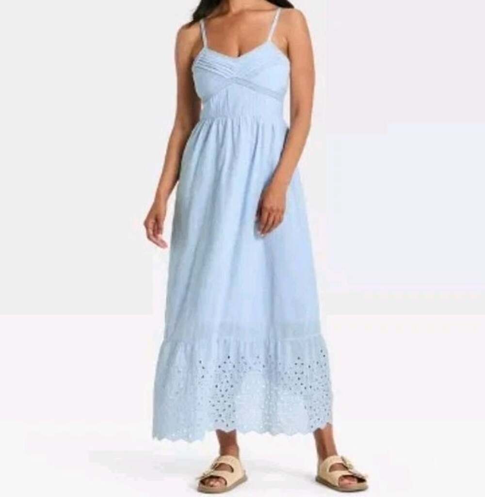 Universal Thread Women's Cami Midi Sundress Light Blue Eyelet Smocked Size S
